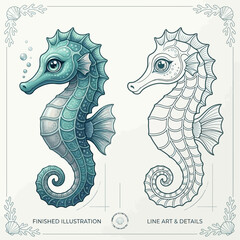 Colorful seahorse illustration with detailed line art on white background © John
