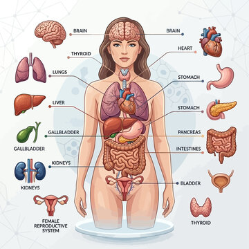 The human body shows internal organs and systems through a female figure.