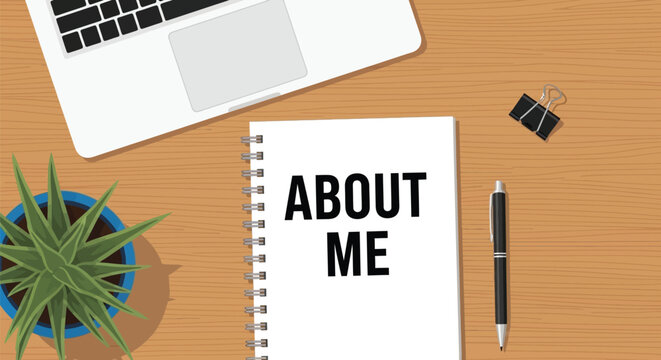 Top view of office desk workspace with notebook containing about me text laptop computer pen and succulent plant on wooden background for professional bio.