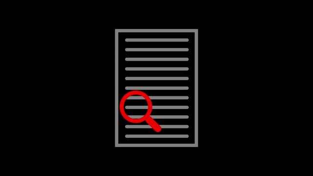 Red magnifying glass scanning grey document line by line on black background motion animation