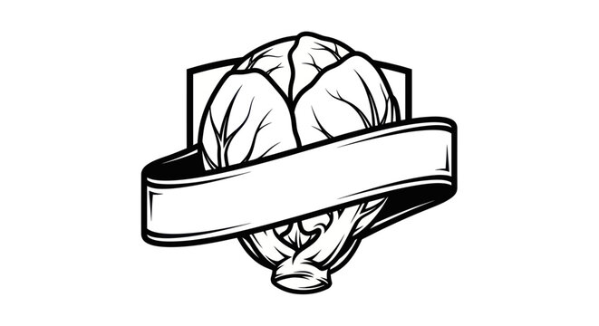 Cabbage Emblem with Ribbon Banner, Line Art Illustration