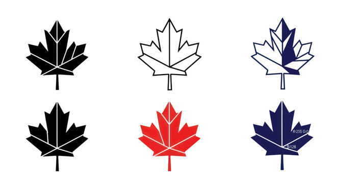 Canadian Maple Leaf Icons: Black, Red, Blue, Outline Styles