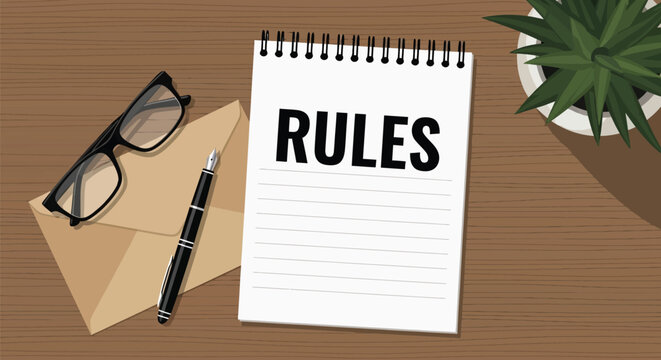 Business office desk with rules word on notebook paper envelope glasses pen and green plant for organization management and corporate compliance policy.
