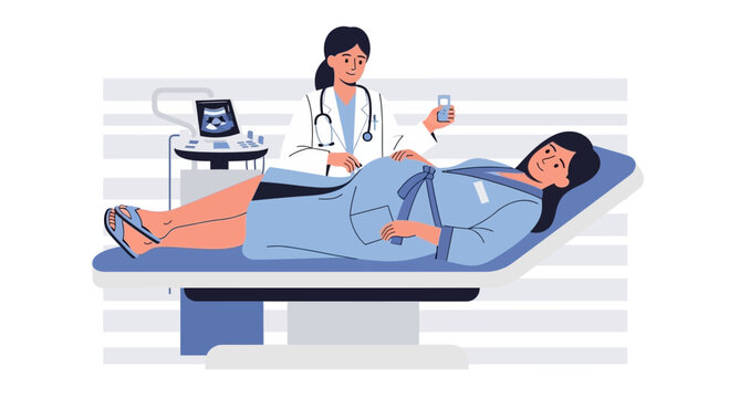 Doctor performs ultrasound on pregnant woman, medical examination, illustration