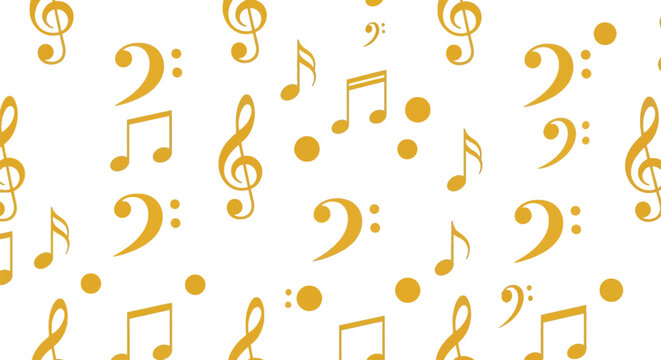 Abstract musical notes and clefs create a vibrant pattern on clean white background, ideal for music-themed designs and celebrations.
