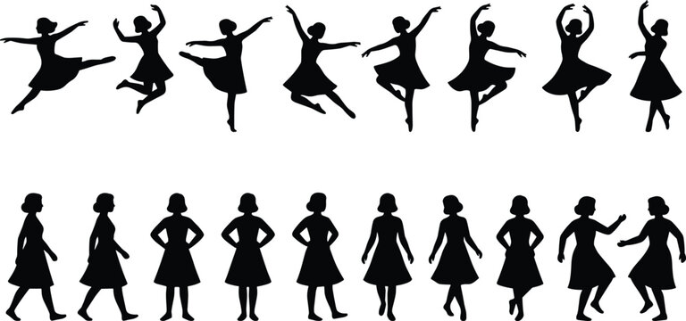 Children Girl Dance and Walking Silhouette Collection with Cute Kid Poses and Ballet Movement Set