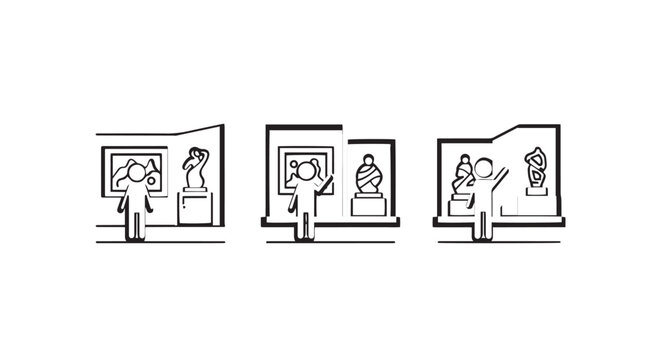 Illustrated sequence of virtual museum exhibit viewing steps.