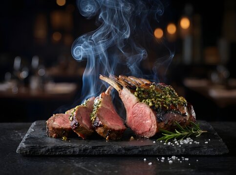 Gourmet roasted rack of lamb sliced to reveal juicy pink meat with a fresh herb crust on a dark stone plate, cinematic moody food photography