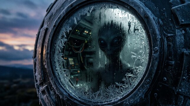 Mysterious alien creature peering from icy spacecraft window in an unknown world