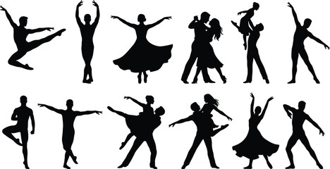 Male and Female Dance Silhouette Collection with Ballet Couple Performance and Elegant Dancer Poses Set © Candek
