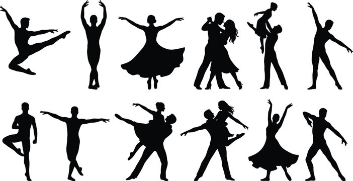 Male and Female Dance Silhouette Collection with Ballet Couple Performance and Elegant Dancer Poses Set