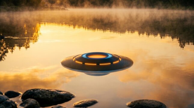 Mysterious disc-shaped craft hovering over a serene, misty lake at golden hour, a captivating visual.