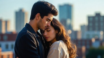 Fototapeta premium Young couple embracing closely on urban rooftop at sunset