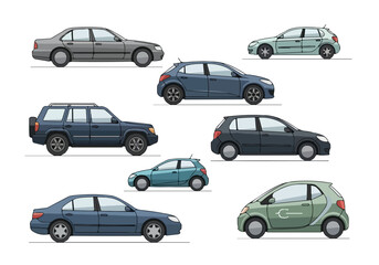 Fototapeta premium Collection of various cars in different colors and styles on a white background