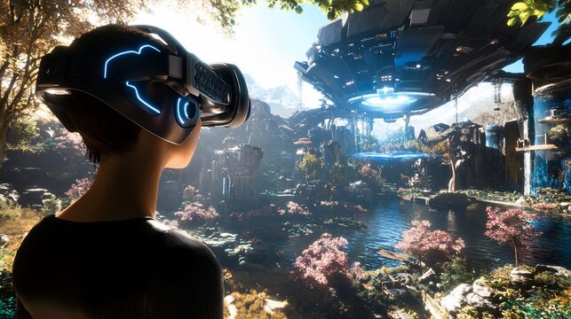 Woman VR headset alien landscape exploration