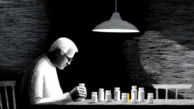 Elderly Person Sorting Dozens of Pill Bottles Across Kitchen Table Beneath Dim Light Polypharmacy Risks Confusion in Aging Healthcare Ink Illustration

