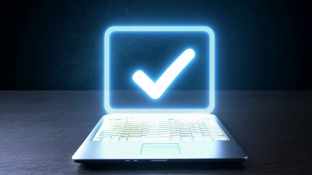 Laptop computer with illuminated keyboard displays a glowing check mark symbol on the screen, indicating successful completion of a task in a dark environment