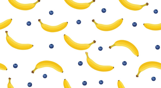 Fresh fruit pattern featuring vibrant yellow banana fruits and small ripe purple blueberries scattered across solid white background for healthy eating theme.