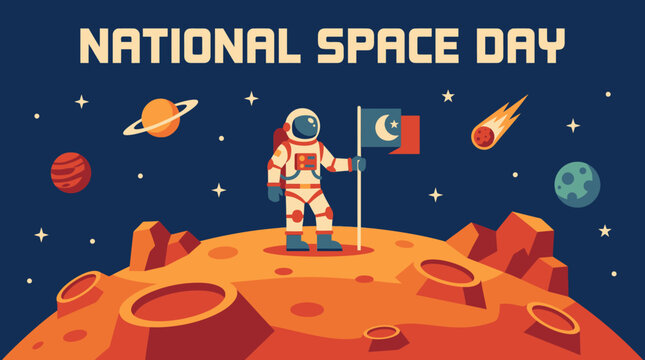 Astronaut standing on a planet surface celebrating National Space Day with a flag.