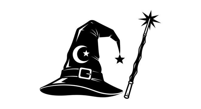 Black wizard hat with crescent moon and star, and magic wand with star