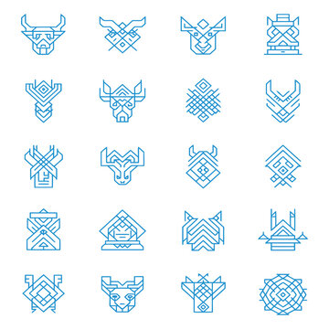 Collection of 20 unique geometric animal head logos and abstract symbols in blue lines