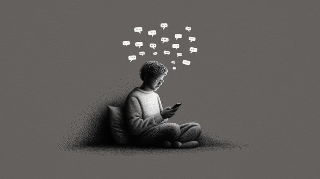 Person Rereading Old Text Messages Alone in Dark Room Imagining Floating Conversations Limerence Obsessive Emotional Attachment Ink Illustration


