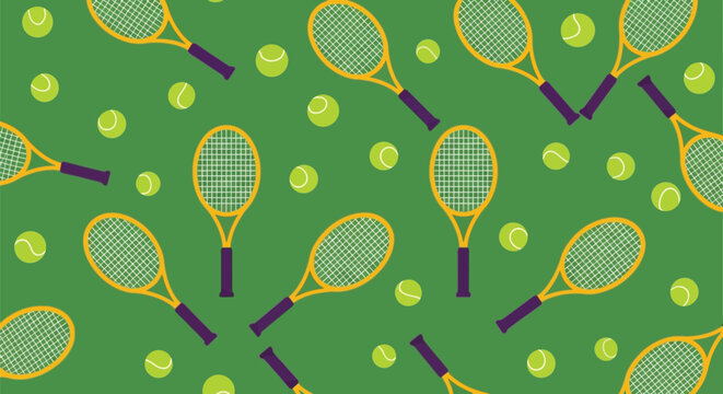 Green tennis pattern background featuring yellow rackets and lime balls in seamless flat style perfect for sports graphic design and athletic club branding.