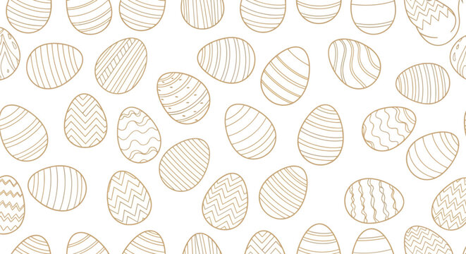 Decorative easter egg pattern on white background with gold outlines showing various geometric designs like stripes and chevrons for spring holiday crafts.