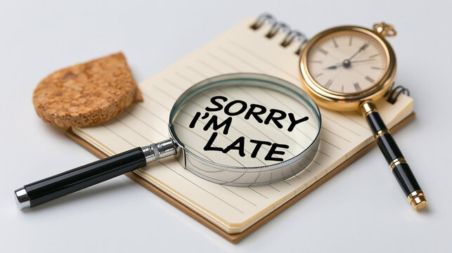 A magnifying glass on a notebook with a message of apology for being late