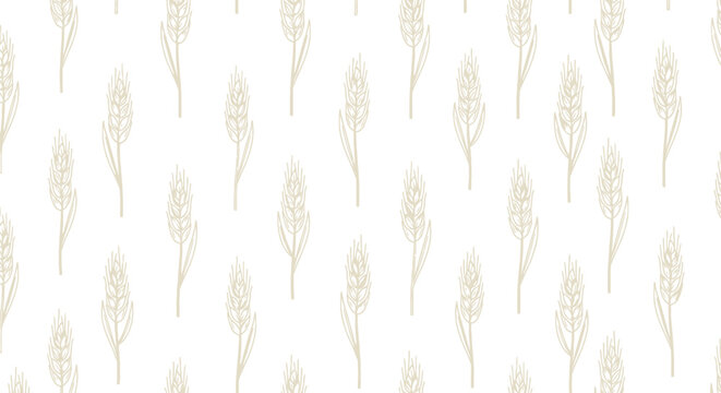 Minimalist wheat pattern background in beige color with elegant hand drawn stalks of cereal grain arranged in a repeating grid for organic bakery design.