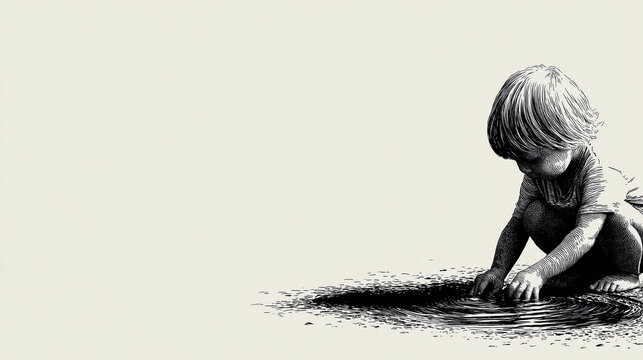 Child Pressing Hands Against Hot Asphalt While Rainwater Pools Uselessly Nearby Pavement Sealing Blocked Groundwater Recharge in Cities Ink Illustration

