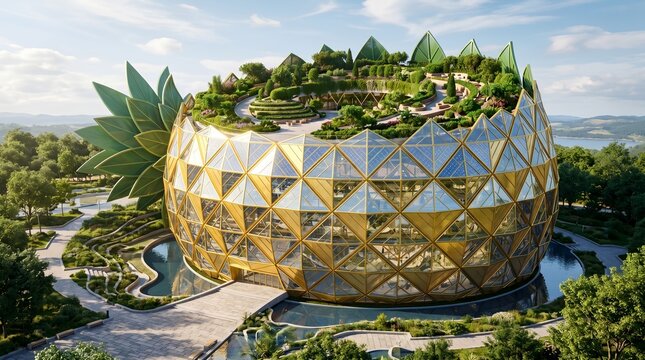 Aerial view of a sustainable pineapple shaped building with golden geometric facade, integrated solar panels and lush circular rooftop garden.