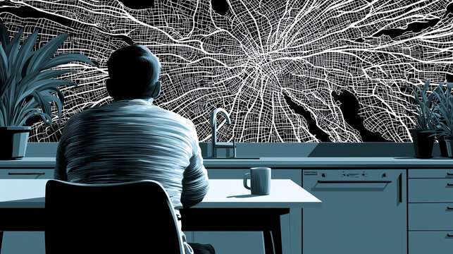 Citizen Staring at City Map Twisted into Unnatural Voting District Shapes Spread Across Kitchen Table Gerrymandering Distorted Representation Ink Illustration

