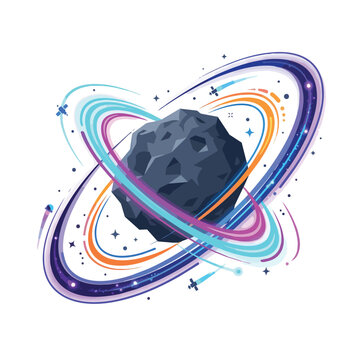 Abstract asteroid with colorful orbiting rings and small satellites in deep space