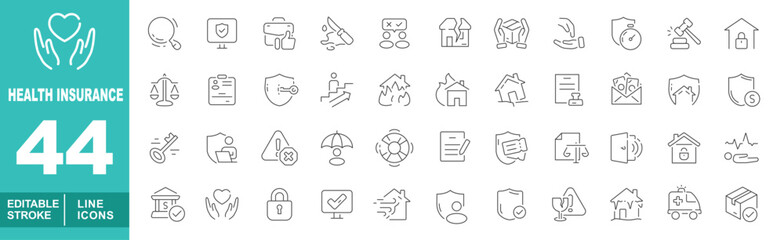 Health Insurance Line Icon Set. Search, Monitor, Briefcase, Knife, House, Hands, Shield, Gavel, Scale, Resume, Key, Umbrella, Buoy, Contract, Ticket, Envelope, Bank, Lock, Ambulance, Box, Heart. © Catostd