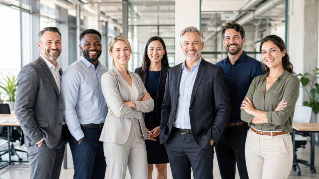 A diverse, professional group of seven smiling businesspeople standing confidently in a modern office setting.