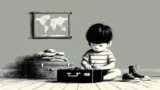 Child Unpacking Suitcases in Bedroom Filled with Maps Foreign Souvenirs and School Uniforms from Different Countries Third-Culture Identity Struggles Unstable Belonging Ink Illustration

