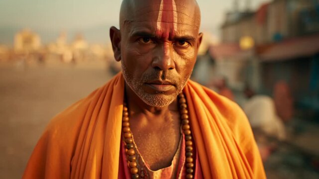 Close-up of an Elderly Hindu Devotee with Sacred Tilak Markings During Kawad Yatra Ritual