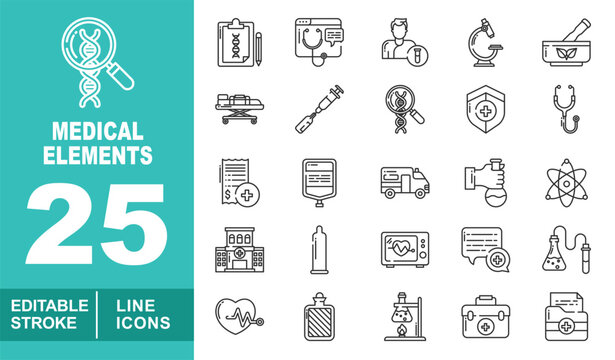 Medical Elements Line Icon Set. Clipboard, browser, patient, microscope, bowl, stretcher, syringe, DNA, shield, stethoscope, invoice, ambulance, hospital, pulse, kit, folder, flask, atom, heart.