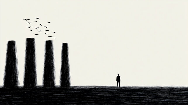 Factory Worker Standing Silently Beneath Giant Smokestacks as Birds Fly Away Overhead Environmental Damage and Industrial Dependence Ink Illustration

