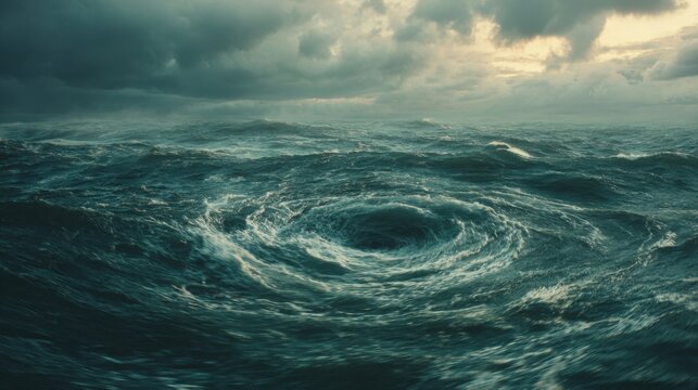 A powerful vortex swirls in a turbulent, stormy ocean under a dark, cloudy sky, showcasing nature's raw energy.