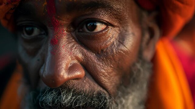 Close-Up of Elderly Man's Face with Traditional Red Markings  Devotion and Spirituality During Religious Ceremony