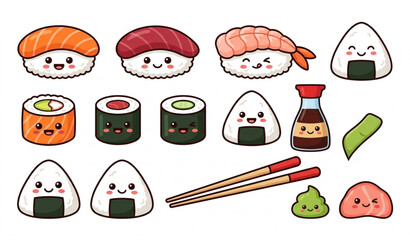 Adorable Japanese sushi and onigiri characters vector illustration isolated white background © MDSAKIB