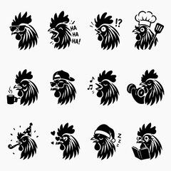 Rooster Expressions and Emotions Silhouette Vector Icon Set. © md