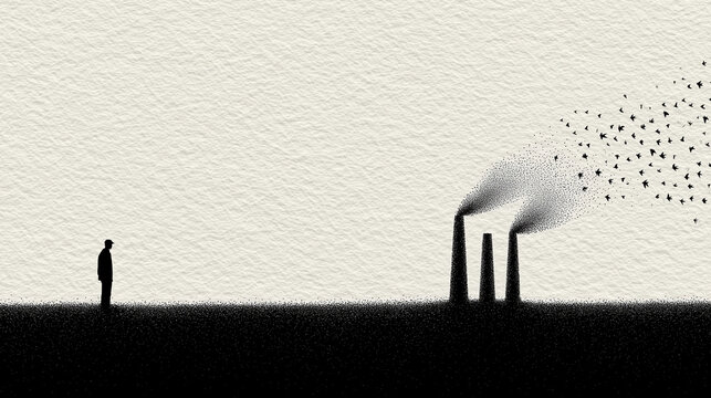 Factory Worker Standing Silently Beneath Giant Smokestacks as Birds Fly Away Overhead Environmental Damage and Industrial Dependence Ink Illustration

