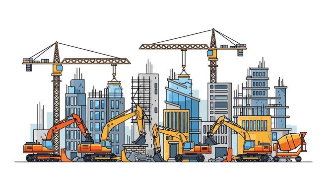 Construction Site with Cranes, Excavators, and Buildings