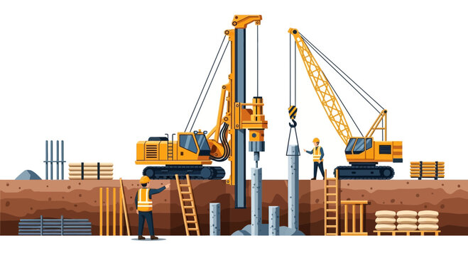 Construction Site with Pile Driving and Crane