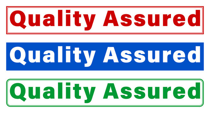 Three quality assured labels in red blue and green colors