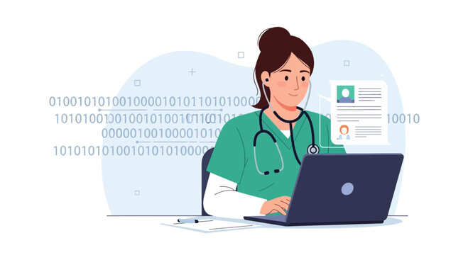 Doctor with laptop and stethoscope, binary code background, medical data concept