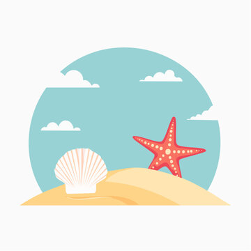Cartoon beach scene with starfish and seashell on sand